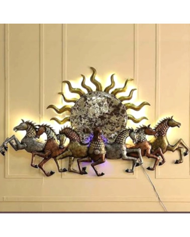 7 Running horses metallic Wall Art Brownish (54*31 Inches) (Handmade) (LED lighting)