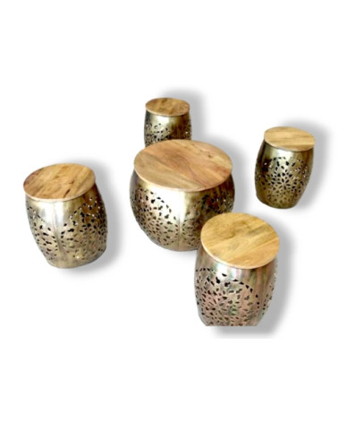 5 pc. metallic & wooden stool set with centre stool (Golden) (18*12 Inches)